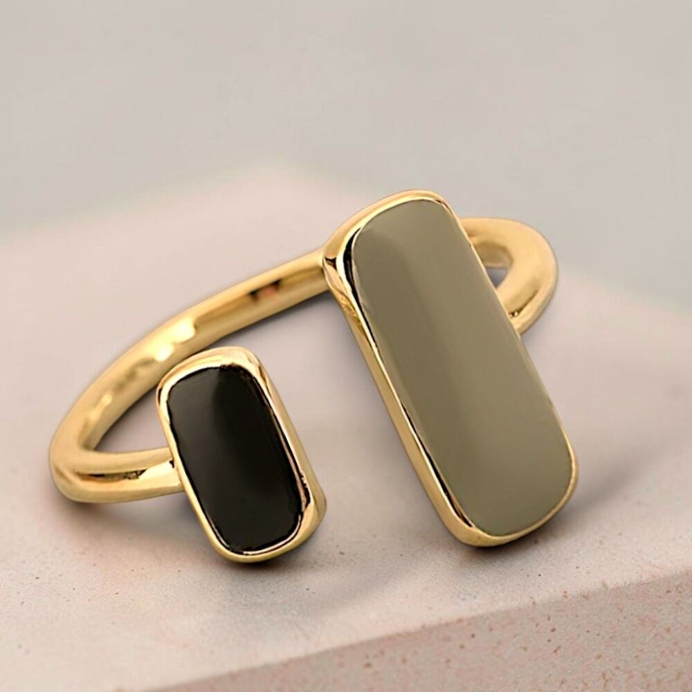 Vintage Geometric Open Olive & Black Drop-Glaze Enamel Ring - Adjustable